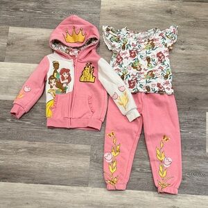 Disney Pink Princess Hoodie and Pants Set with Floral Top 3T